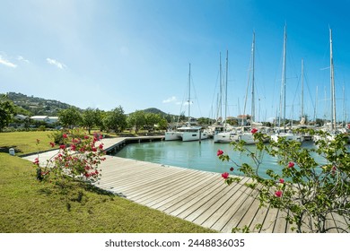 Shot of Jolly Harbour Marina, private dock with charter sailing boats on a sunny day with blue sky, and bougainvillea flowers decorating the dock in Antigua and Barbuda islands in the Caribbean - Powered by Shutterstock