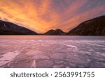 a shot of Jordan Pond in Acadia National Park Maine, in winter