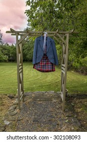 Shot Of A Kilt Hanging On Wooden Frame