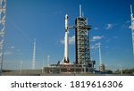 Shot of a Launch Pad Complex: Successful Rocket Launching with Crew on a Space Exploration Mission. Flying Spaceship Blasts Flames and Smoke on a Take-Off. Humanity in Space, Conquering Universe.