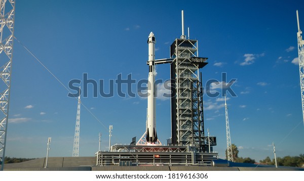Shot of a Launch Pad Complex: Successful Rocket\
Launching with Crew on a Space Exploration Mission. Flying\
Spaceship Blasts Flames and Smoke on a Take-Off. Humanity in Space,\
Conquering Universe.