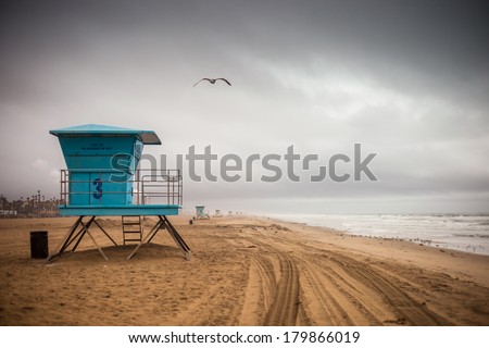A shot of a life guard tower during a storm in Huntington Beach.