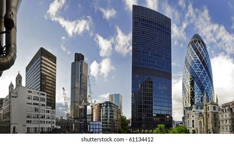 Shot of London's famous skyscrapers including 'the Gherkin', Aviva and Tower 42 in the heart of it's financial district, The City.