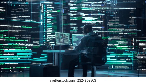 Shot of a Man Working as a Developer, Surrounded by Big Screens Displaying Lines of Code in a Dark Monitoring Room. Black Male Programmer Using Desktop Computer, Analysing Data, Creating AI Software - Powered by Shutterstock