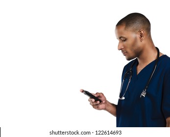 Shot Of A Nurse Texting On A Cell Phone With White Background