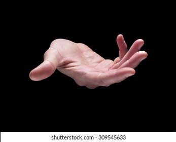 shot of open and empty hand as if holding an object, on a black background 