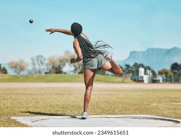 Shot put, woman and athlete throw in competition, championship or training for field event with metal or steel weight. Throwing, ball or female in athletics sport on outdoor field for olympics - Powered by Shutterstock