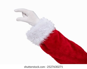 Shot of an Santa Claus hand holding some like a blank object with copy space  isolated on a white background - Powered by Shutterstock