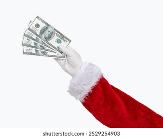 Shot of an Santa Claus hand holding dollar money banknote on a white isolated background - Powered by Shutterstock