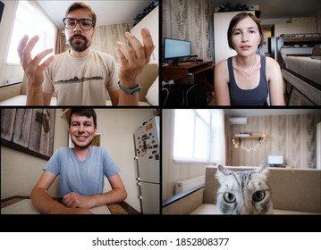 Shot Of A Screen Of Teammates Doing A Virtual Happy Hour From Their Home Offices. Team Meeting From Home During COVID-19 Coronavirus Pandemic. Funny Video Conference Concept.