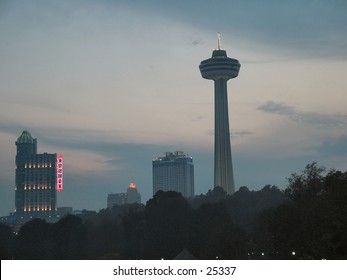 A shot of the skyline at Niagara Falls at dusk (Canada side)