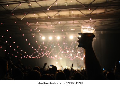 Shot of some fans during a life concert of a famous british band. Focus on a happy man with a beer on his hand.