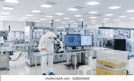 Shot Of Sterile High Precision Manufacturing Laboratory Where Scientists In Protective Coverall's Use Computers And Microscopes, Doing Pharmaceutics, Biotechnology And Semiconductor Research.