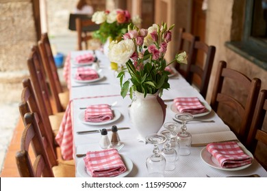 Shot Of A Table Set For A Meal At The Restaurant With Outdoor Terrace.