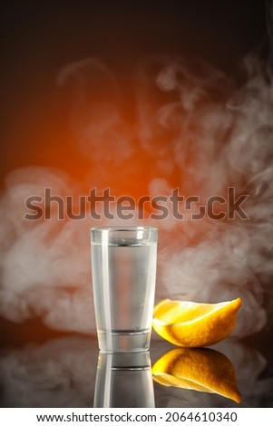 Shot of tasty tequila with lemon on color background