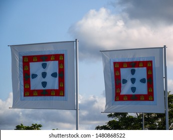 Shot Of Two Medieval Portuguese Empire Flags, Battle Of Aljubarrota Reenactment