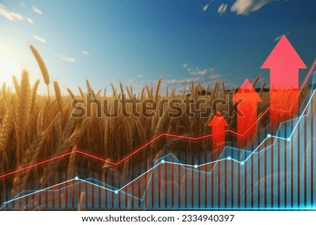 Shot of vast fields of grain with graphs and arrows going up.