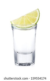 Shot Of Vodka And Lime Slice. Isolated On White Background