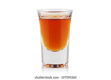 A shot of whiskey on a white background.