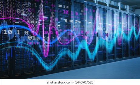 Shot of Working Data Center Full of Rack Servers and Supercomputers. Computer Calculations Concept with Different Illustrations of Statistics, Mathematics Graphs and Digits in the Foreground.