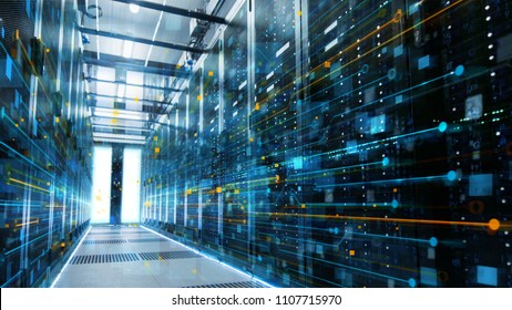 Shot of a Working Data Center With Rows of Rack Servers Connected with Ethernet Connection Visualisation Lines. - Shutterstock ID 1107715970