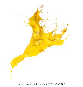 Shot of yellow paint splash, isolated on white background