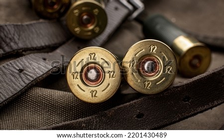 Shotgun shells close-up. Ammunition for smoothbore weapons on a khaki canvas backpack. Dark background.
