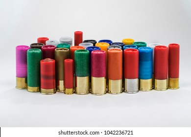 Shotgun shells on an isolated background including 12, 16, 20, 36, 410 guage