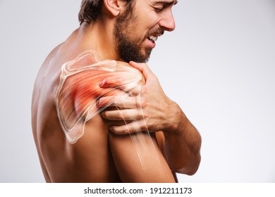 Shoulder Muscle And Nerve Pain, Man Holding Painful Zone Injured Point, Human Body Anatomy