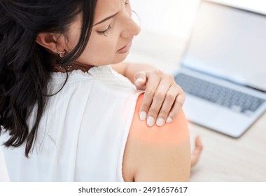 Shoulder, pain and laptop for businesswoman with injury, accident or inflammation from typing. Arthritis, office or medical for bad posture or joint for female person, copywriting and tension in back - Powered by Shutterstock