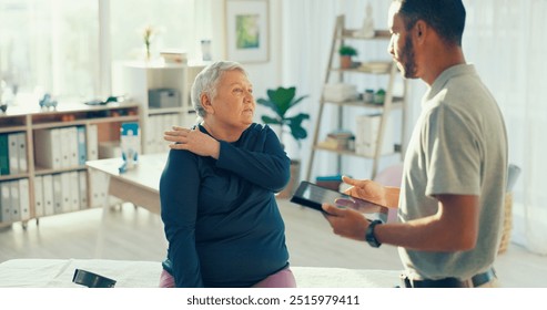 Shoulder pain, tablet and physiotherapist with mature woman for service, consulting and wellness. Healthcare, chiropractor and patient on digital tech for physical therapy, recovery and online report - Powered by Shutterstock