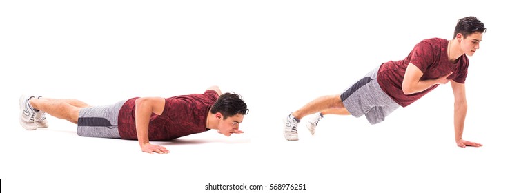 Shoulder Tap Push Up. Young Man Doing Sport Exercise.