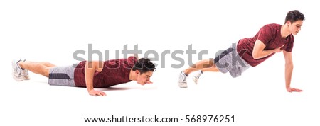 Shoulder Tap Push up. Young man doing sport exercise.