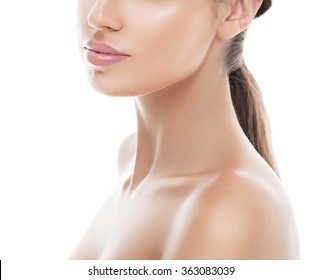 Shoulders Neck Lips Woman Beauty Portrait. Isolated On White. Close Up Female Face.