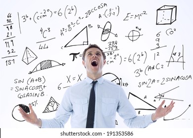 Shouting Businessman Against Math Equations