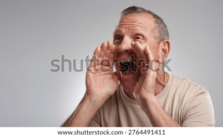 Shouting, warning or man in studio with space, alert or announcement for attention. Beware expression, mock up or mature person on white background with yelling, difficulty or scream in bad situation