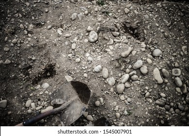 Shovel On Soil, Spade On Dirt Background, Construction Breaking Ground Concept, Digging Hole In The Garden