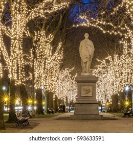 Show Of Christmas Lights At The Boston Commons In Massachusetts, USA At Sunrise.