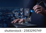 Show document management system on laptop. Managing corporate file information, document work management with technology software for archiving, document, technology, quality, file