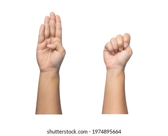 Show four fingers and folding over the thumb over the thumb is The violence at home signal for help isolated on white background with clipping path. - Shutterstock ID 1974895664