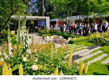 Show gardens at RHS Chelsea flower show, annual famous horticulture event in Chelsea, London, England UK. May 2018