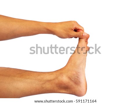 show gesture hand press the foot toe when the foot is cramping isolated on white background.