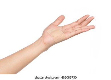 show hand adhesive bandages on injury hand on white background - Shutterstock ID 482088730