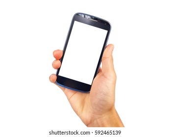 show hand is holding smart phone isolated on white clipping path inside. - Shutterstock ID 592465139