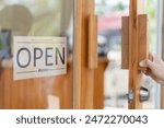 show sign open on the first day of business. guarantees safety, cleanliness, open the coffee shop. open for New normal. Small business, welcome, restaurant, home made, family