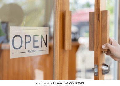 show sign open on the first day of business. guarantees safety, cleanliness, open the coffee shop. open for New normal. Small business, welcome, restaurant, home made, family - Powered by Shutterstock