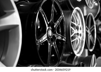 Showcase with disks of different configurations. Sale of disks and alloy wheels. - Shutterstock ID 2034659219