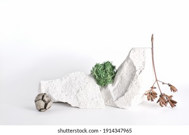 Showcase Display For Natural Eco Products. Stones, Dry Bush Branch, Moss On White Background. Mock Up For Clean Eco Friendly Cosmetic Product. Modern Still Life Shot.