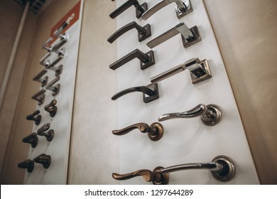 Showcase With Door Handles In Modern Shop Of Doors Hardware