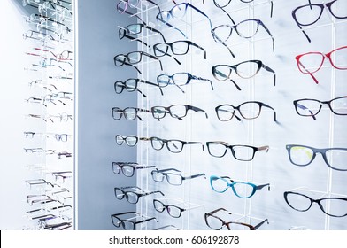 Showcase With Glasses In Modern Optic Store